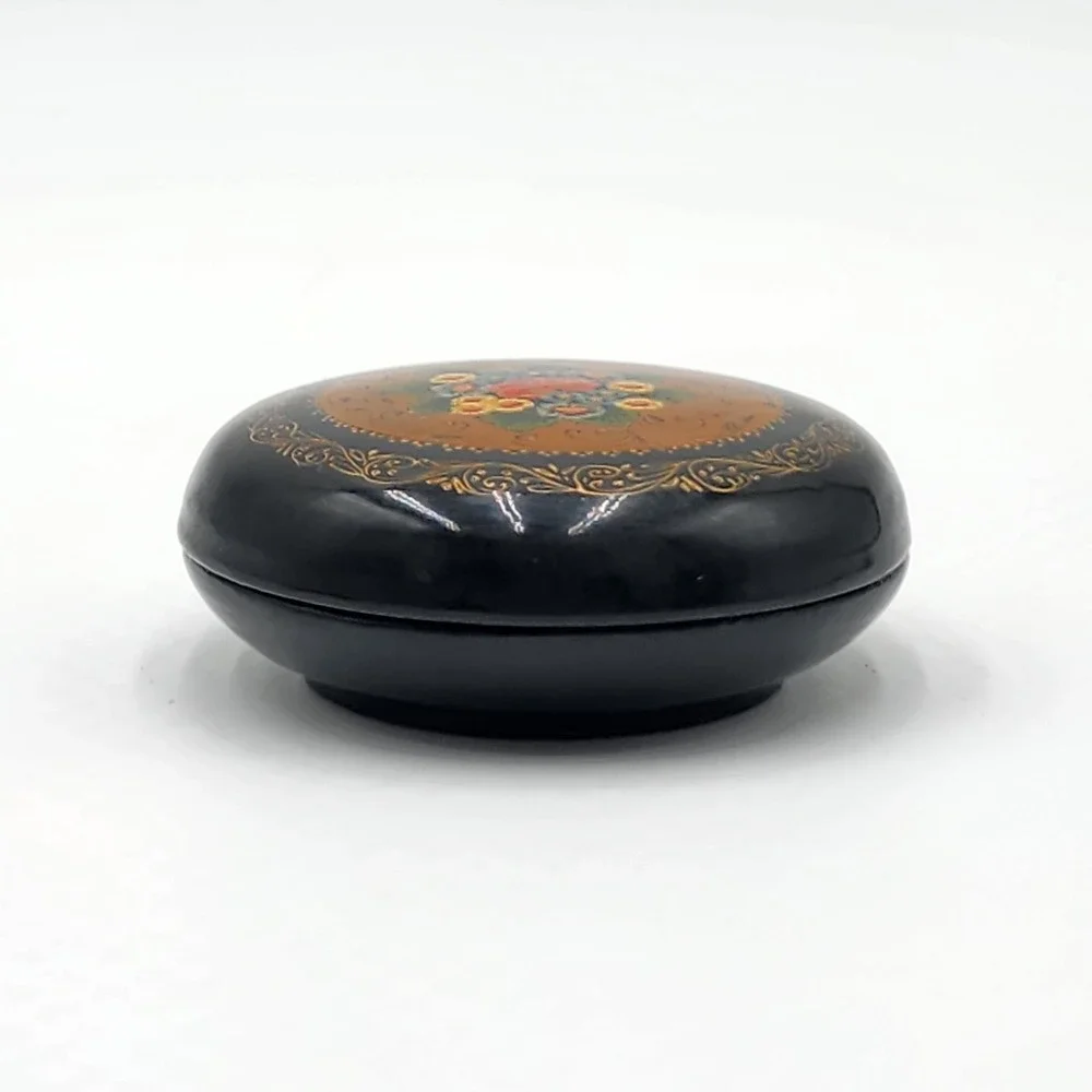 Vintage Russian Lacquer Floral Trinket Box Hand Painted Round 3